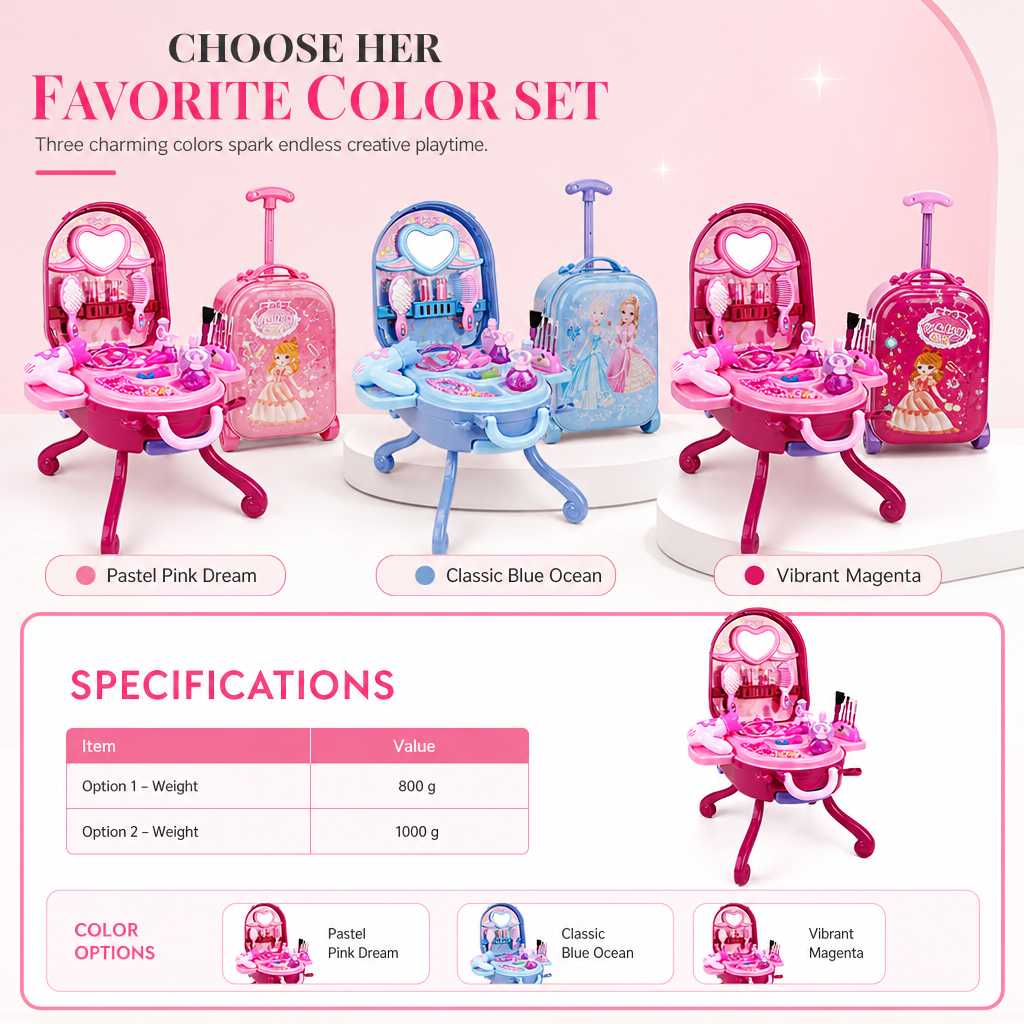 ✨ 3-in-1 Princess Vanity Suitcase — 30 Makeup Toys & Rolling Trolley 🧳