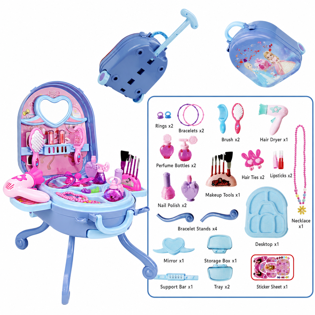 ✨ 3-in-1 Princess Vanity Suitcase — 30 Makeup Toys & Rolling Trolley 🧳