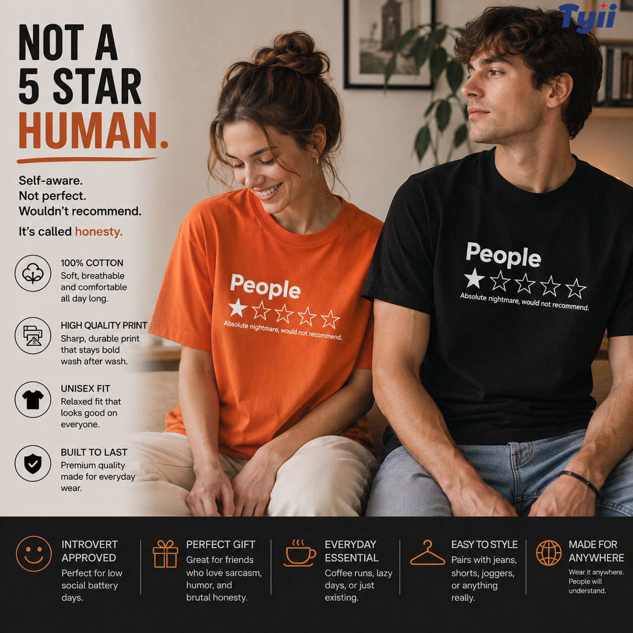 TYIIPRO™ People ★☆☆☆☆ Funny Graphic T-Shirt | Premium 200G Heavyweight Cotton Unisex Tee